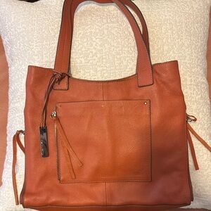 Vince Camuto Burnt Orange Leather Tote Bag with Silver Zipper Accents
